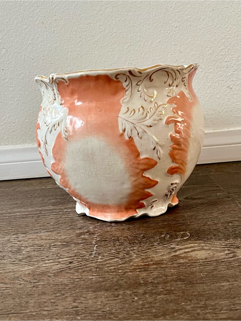 Ornate Coral and Cream Decorative Ceramic Planter from Germany - Picture 9 of 10